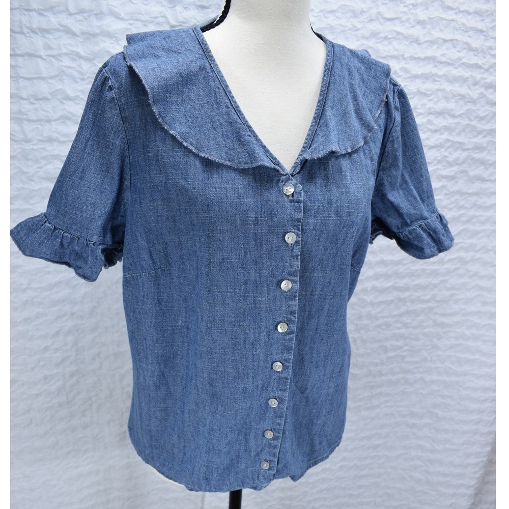 Orvis Womens Blue Cotton Chambray Ruffle Sleeve Peter Pan Collar Blouse Medium